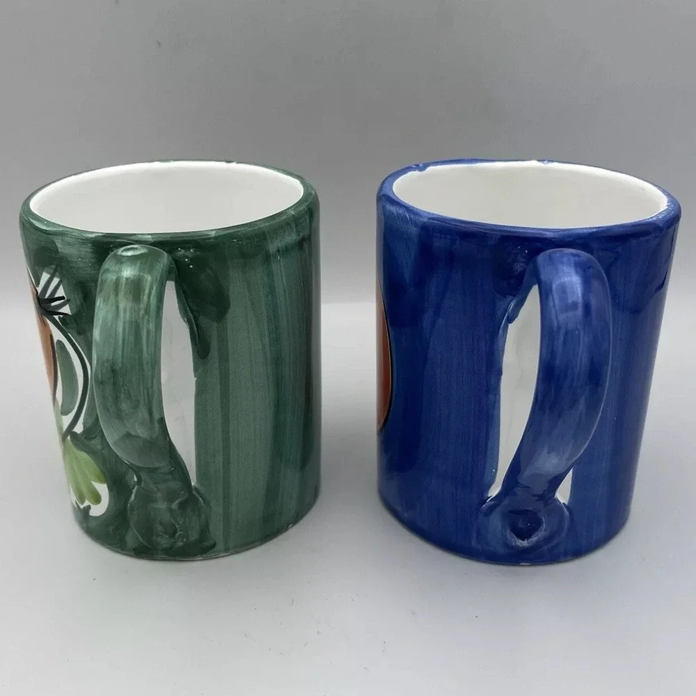 2 Pier 1 Set Garden Herb Mugs Handpaint Whimsy Carrot Pumpkin Veggie Fruit 12 Oz